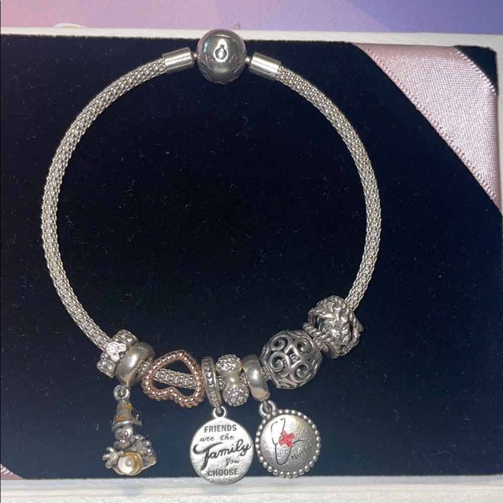 Pandora Silver Charm Bracelet with Textured and Dangling Charms